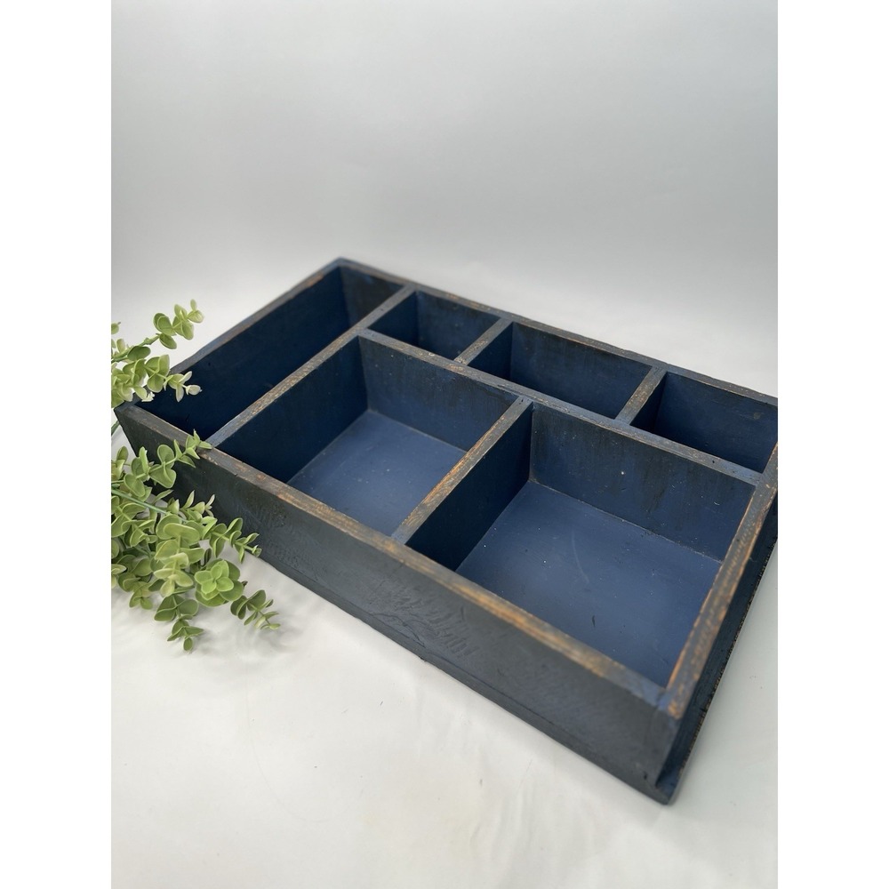 Rustic Wooden Desk Organizer Tray Distressed Navy Blue Wall Hanging Cottagecore